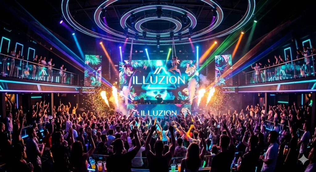 Illuzion Phuket nightclub interior with crowd, DJ on stage, laser lights and aerial performer on Bangla Road Thailand