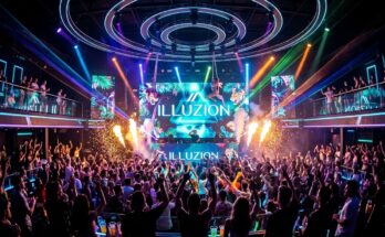 Illuzion Phuket nightclub interior with crowd, DJ on stage, laser lights and aerial performer on Bangla Road Thailand