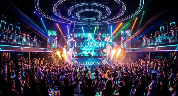 Illuzion Phuket nightclub interior with crowd, DJ on stage, laser lights and aerial performer on Bangla Road Thailand
