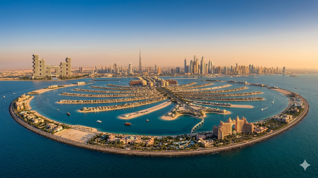 An expansive aerial panoramic view of Palm Jumeirah in Dubai during a golden sunset, showcasing the iconic palm-shaped island with its 17 fronds, the luxury Atlantis resorts on the crescent, and the towering Dubai Marina skyline and Burj Khalifa in the distant background.