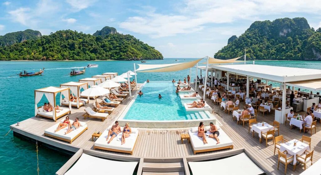 Yona Beach Club Phuket Thailand floating club aerial view with infinity pool
