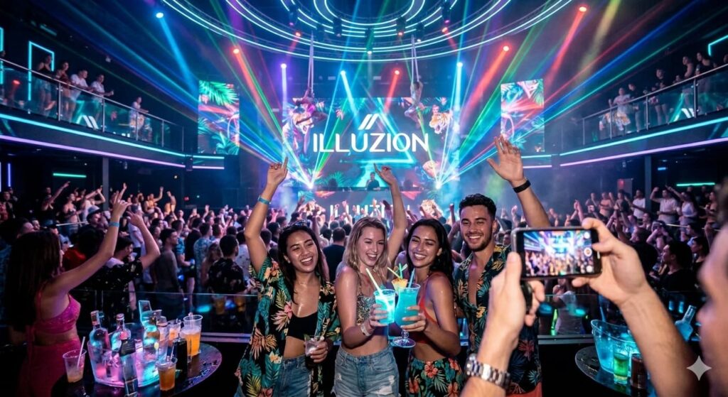 Group of friends holding cocktails and taking photos at the VIP section of Illuzion Nightclub Phuket