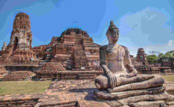 Ancient stone Buddha statue sitting in front of historic temple ruins in Ayutthaya Thailand under a clear blue sky