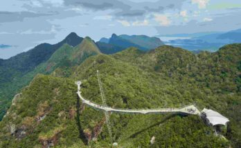 Aerial view of Langkawi Sky Bridge curving across mountain ridge with surrounding green rainforest mountains and Andaman Sea in background Malaysia