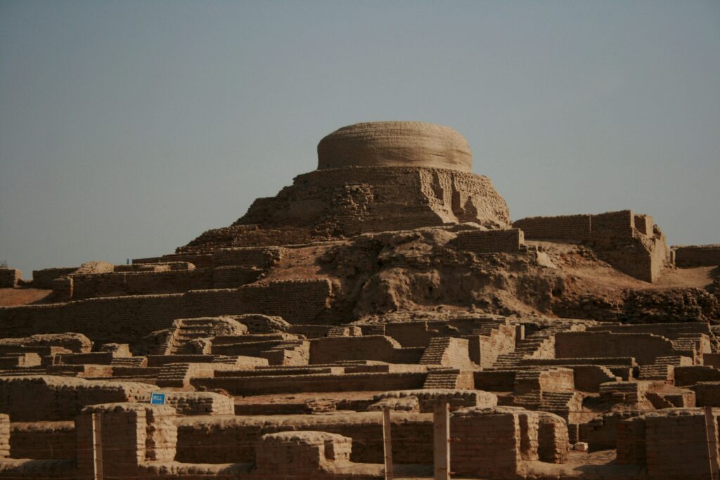 Ancient ruins of Mohenjo-daro with the iconic stupa mound, Sindh Pakistan