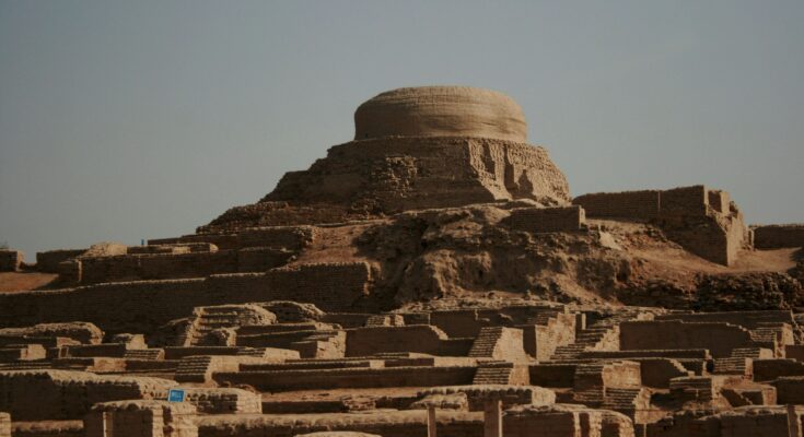 Ancient ruins of Mohenjo-daro with the iconic stupa mound, Sindh Pakistan
