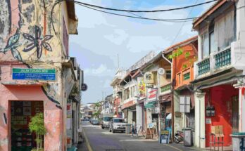 Colourful heritage shophouses and street art along Blacksmith Street (Jalan Tukang Besi) in George Town, Penang, Malaysia