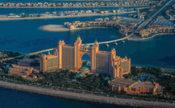Scenic aerial view of Atlantis The Palm resort complex surrounded by the Arabian Gulf in Dubai.