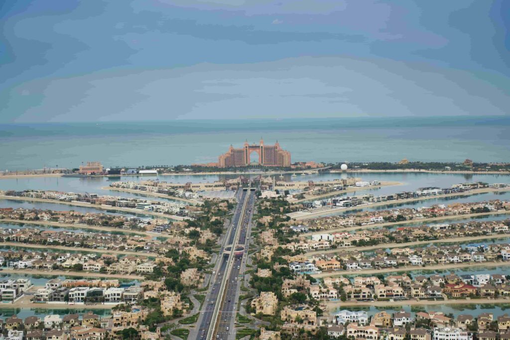 Aerial view of Atlantis The Palm located at the end of the Palm Jumeirah trunk in Dubai, showing the surrounding residential areas