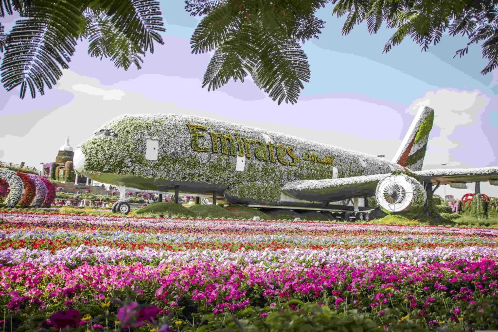 The massive Emirates A380 airplane sculpture made of flowers in Dubai Miracle Garden.