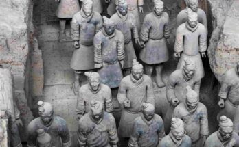Detailed view of terracotta army soldiers in battle formation at the Emperor Qinshihuang's Mausoleum Site Museum