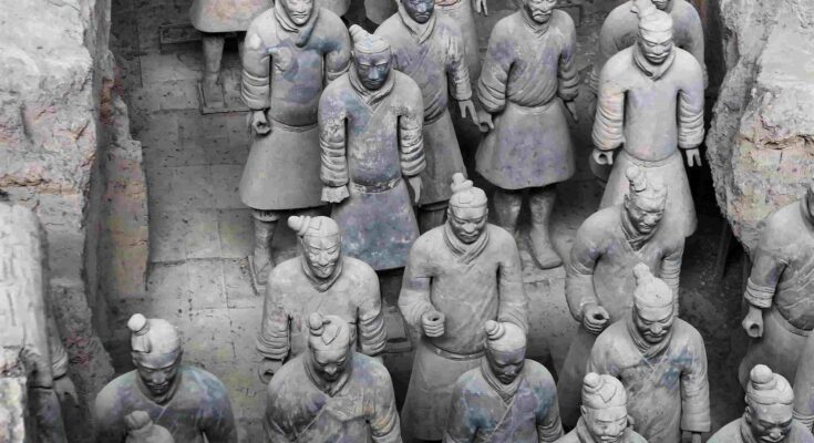 Detailed view of terracotta army soldiers in battle formation at the Emperor Qinshihuang's Mausoleum Site Museum