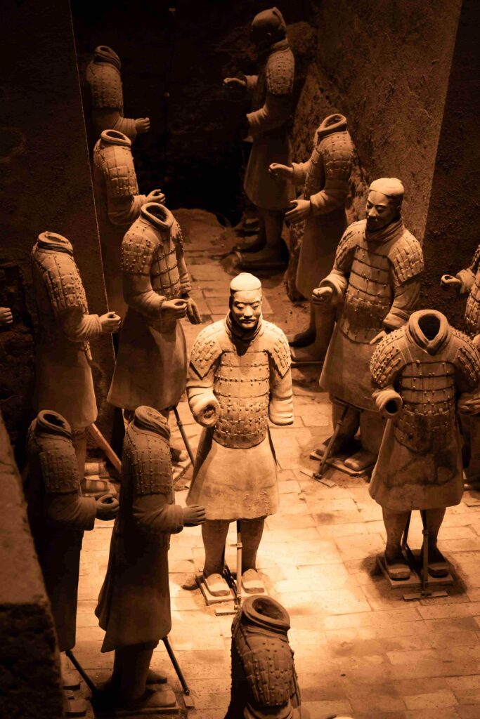 Close-up view of intricately crafted terracotta warrior statues in the Xi'an museum