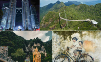 Malaysia budget travel highlights — Petronas Towers Kuala Lumpur, Langkawi Sky Bridge, Batu Caves, and George Town street art Penang. Malaysia 7 Days Budget Travel Plan