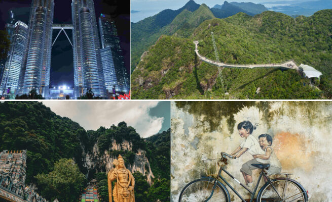 Malaysia budget travel highlights — Petronas Towers Kuala Lumpur, Langkawi Sky Bridge, Batu Caves, and George Town street art Penang. Malaysia 7 Days Budget Travel Plan