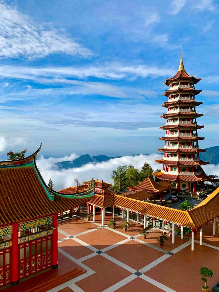 Chin Swee Cave Temple pagoda with panoramic sky and cloud views in Genting Highlands