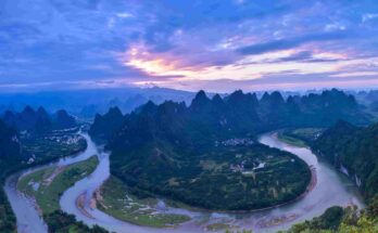 Sunrise view from Xianggong Hill overlooking Li River near Xingping, China"