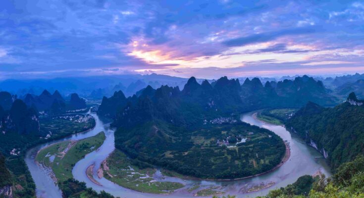 Sunrise view from Xianggong Hill overlooking Li River near Xingping, China"