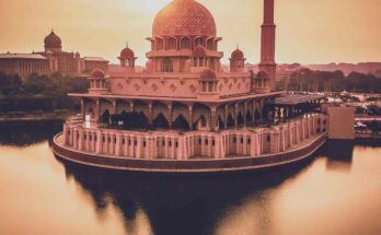 Aerial sunset view of Putra Mosque and Perdana Putra in Putrajaya