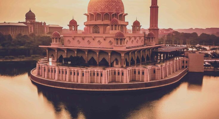 Aerial sunset view of Putra Mosque and Perdana Putra in Putrajaya
