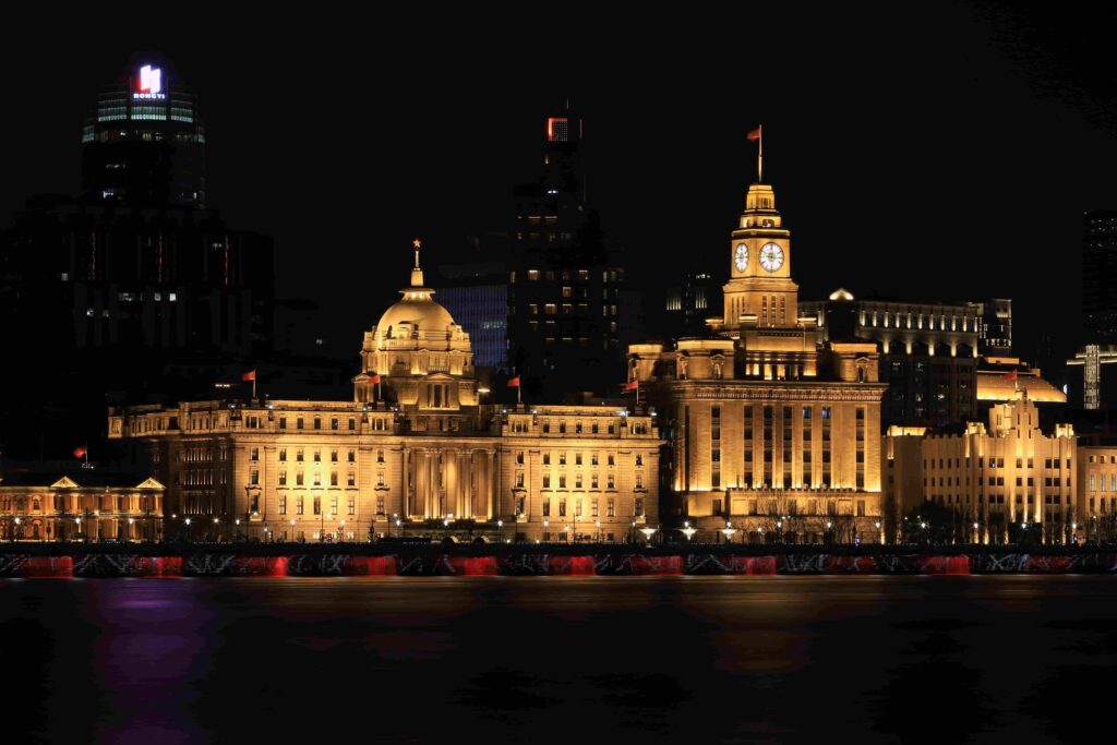 The Bund Shanghai skyline lit up at night along the Huangpu River. China 7 days budget travel plan