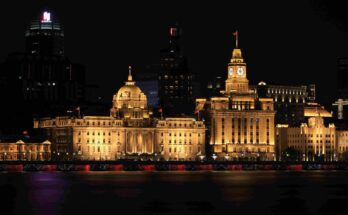 The Bund Shanghai skyline lit up at night along the Huangpu River
