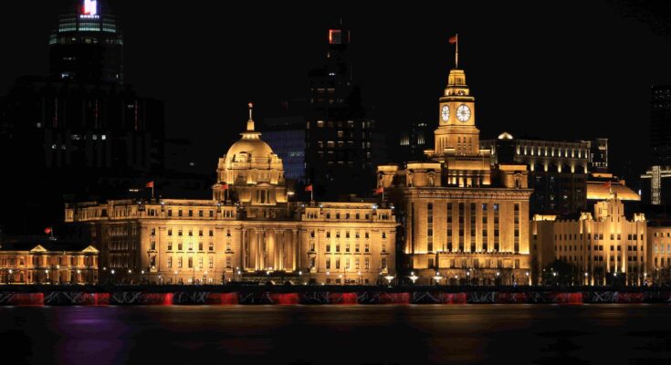 The Bund Shanghai skyline lit up at night along the Huangpu River