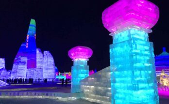 Illuminated ice towers glowing pink and blue at Harbin Ice and Snow World at night