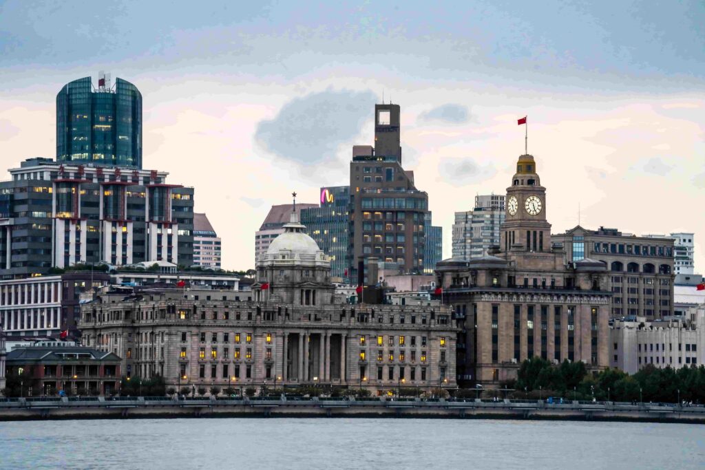 View of the Bund Shanghai's historic buildings and skyline across the Huangpu River
