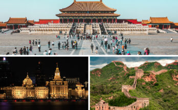 Collage of iconic China travel destinations: the historic Forbidden City palace (top), the lit-up modern Shanghai Bund at night (bottom-left), and the ancient Great Wall on green hills (bottom-right). Perfect for a China 7-day plane guide.