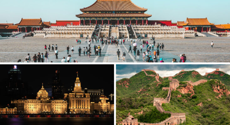 Collage of iconic China travel destinations: the historic Forbidden City palace (top), the lit-up modern Shanghai Bund at night (bottom-left), and the ancient Great Wall on green hills (bottom-right). Perfect for a China 7-day plane guide.