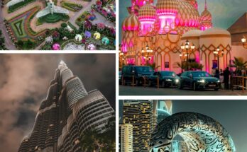 Collage of Dubai attractions: Miracle Garden, Global Village, Burj Khalifa, and Museum of the Future calligraphy sculpture. Dubai 7 days budget travel plan