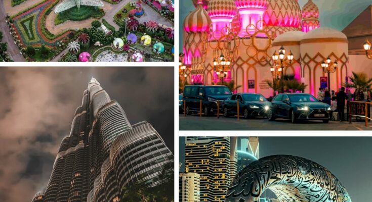 Collage of Dubai attractions: Miracle Garden, Global Village, Burj Khalifa, and Museum of the Future calligraphy sculpture. Dubai 7 days budget travel plan